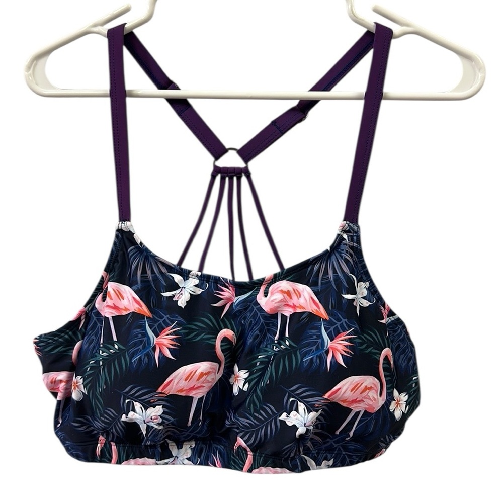 Tropical Floral Pink Flamingo Purple Strap Removable Padding Bikini Top Size XXL